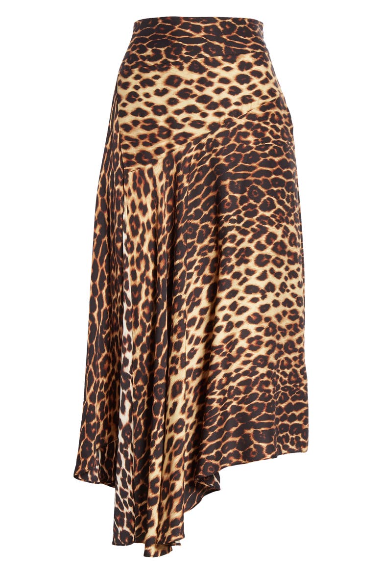 Lev Leopard Print Asymmetrical Stretch Silk Midi Skirt, Alternate, color, BROWN MULTI