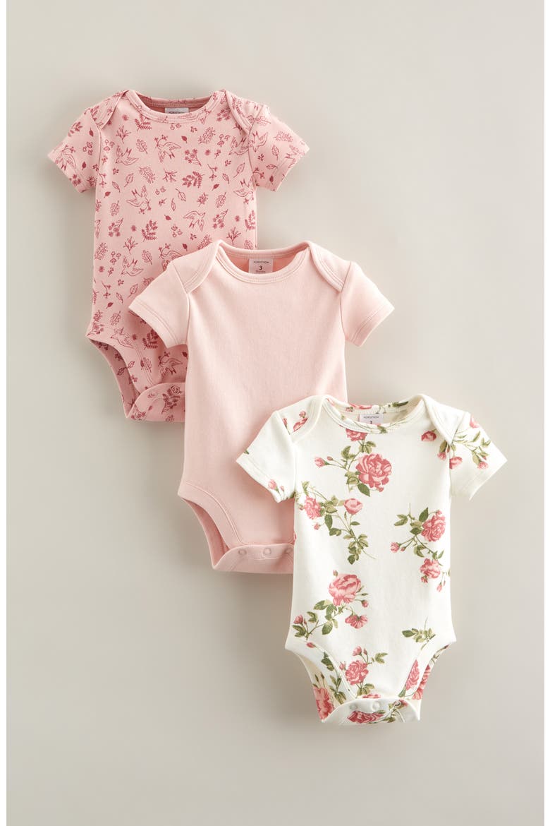 Assorted 3-Pack Bodysuits, Main, color, PINK ZEPHYR FLORAL BIRD PACK