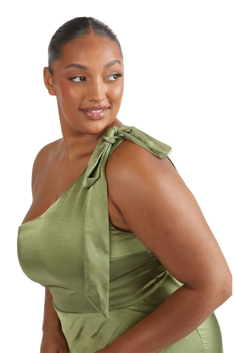 Bow One Shoulder Satin Bridesmaid Dress, Alternate, color, Moss Green