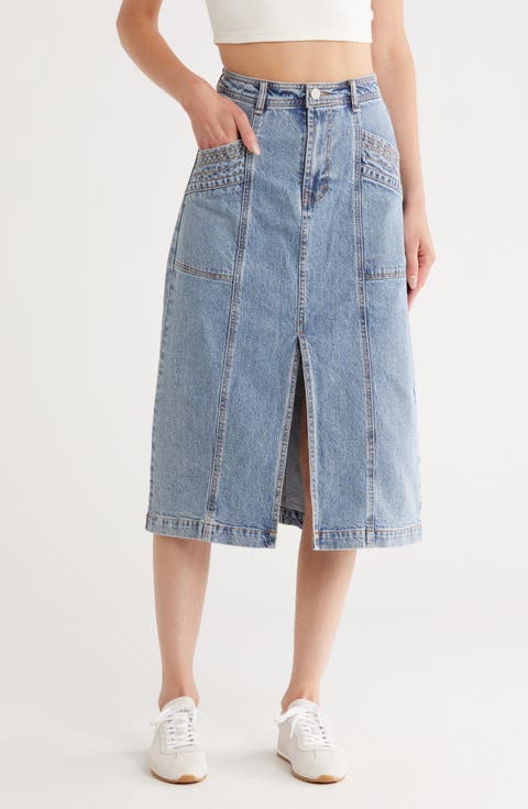 Center Slit Denim Midi Skirt