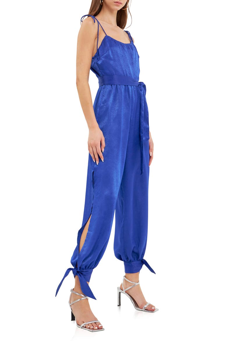 Tie Detail Slit Leg Satin Jumpsuit, Alternate, color, NAVY