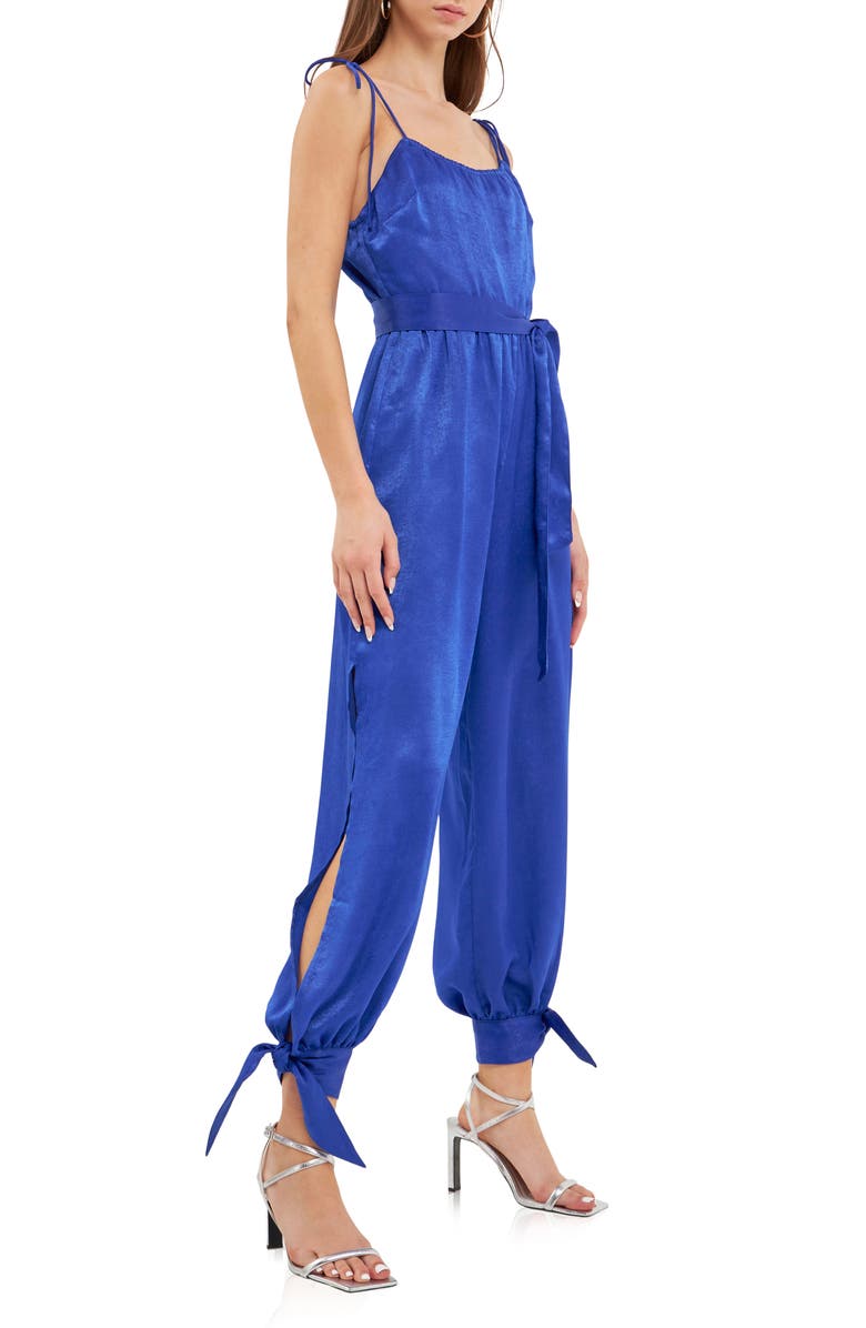 Endless Rose Tie Detail Slit Leg Satin Jumpsuit, Alternate, color, Navy