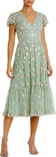green emerald velvet dress Beige Multicolor Embroidered V Neck Cap Sleeve Midi Dress main image 1