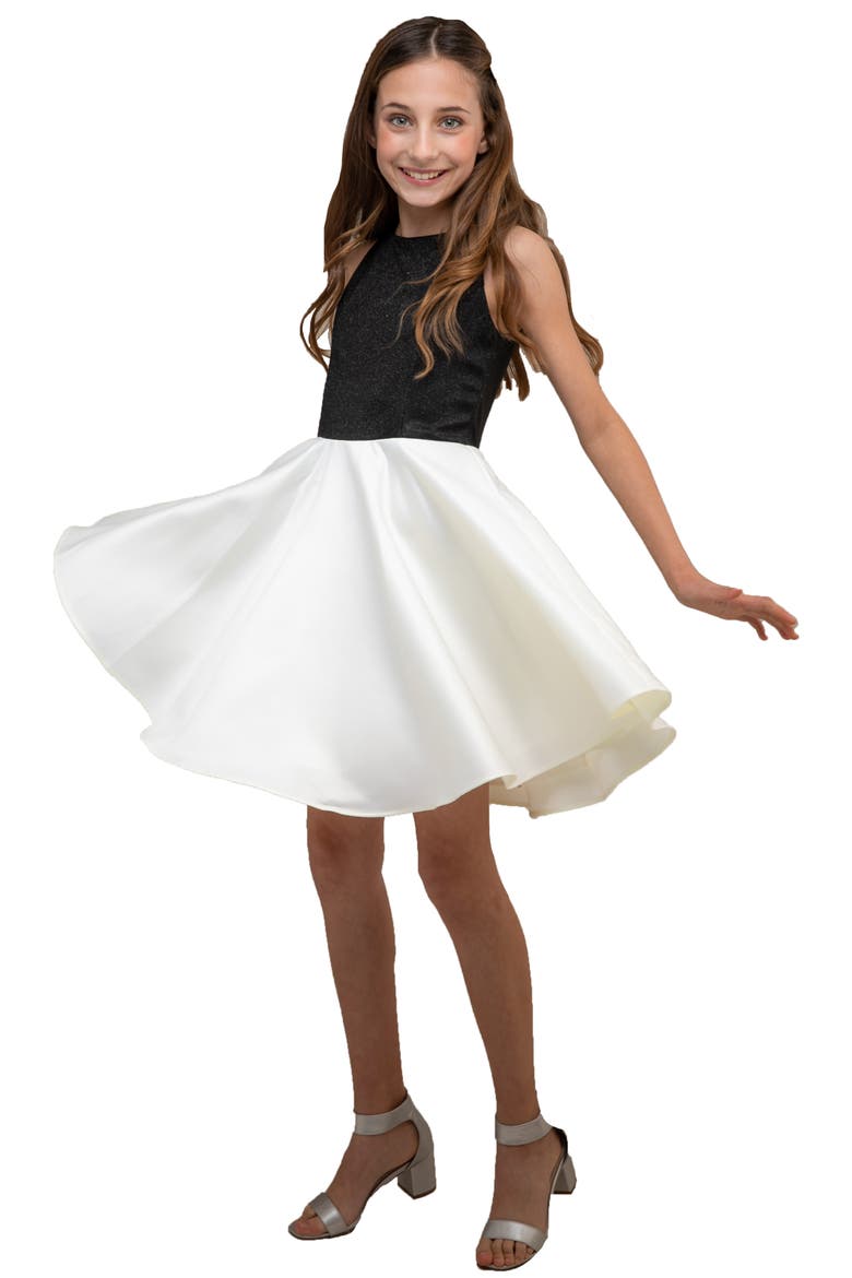 Glitter and Satin Racerback Dress in Longer Length, Alternate, color, Black/Ivory