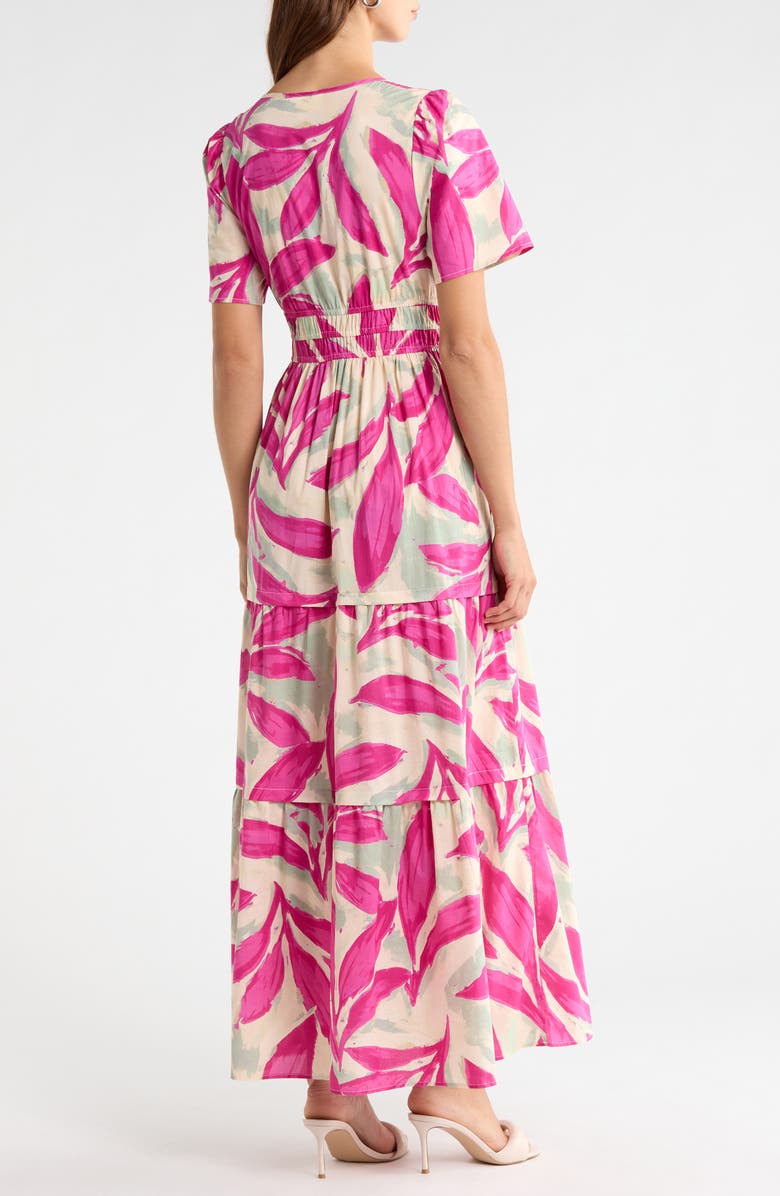 MELLODAY Short Sleeve Tiered Maxi Dress, Alternate, color, Bone Rose Violet Leaf