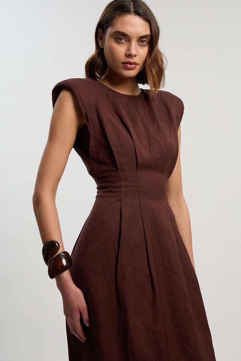 Linen Blend Pintuck Midi Dress, Alternate, color, Chocolate