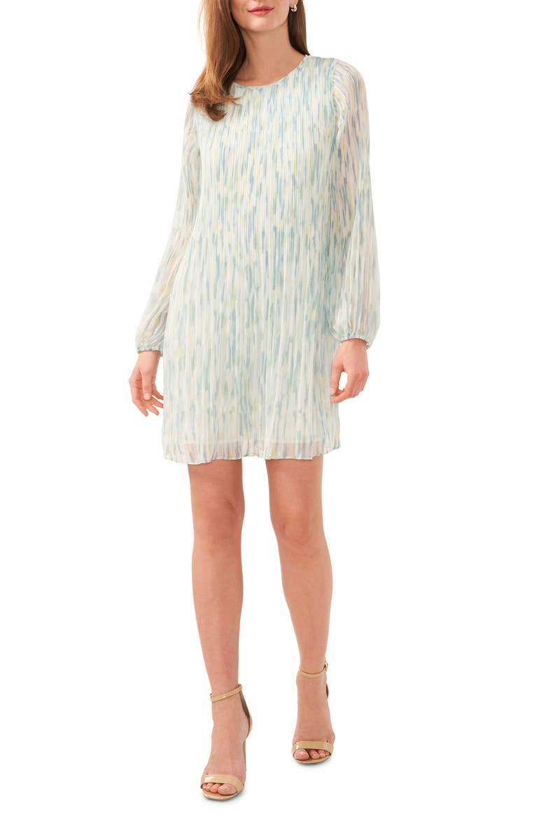 Abstract Print Release Pleat Long Sleeve Minidress, Main, color, FRESH MINT GREEN
