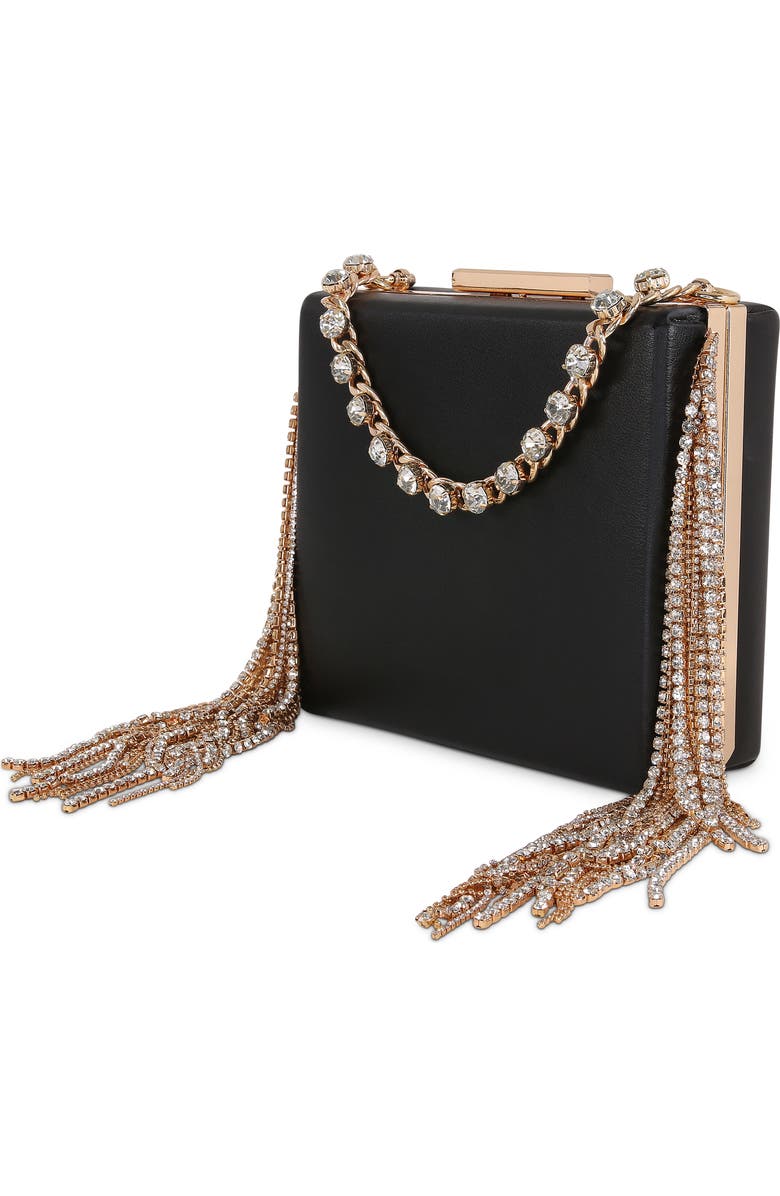 Jewel Badgley Mischka Ryker Leather Crystal Fringed Box Clutch, Alternate, color, Black