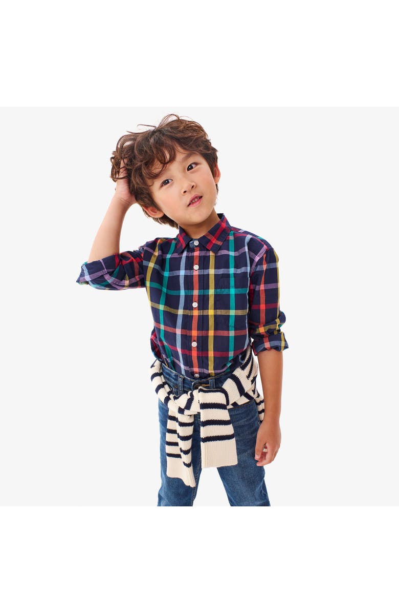 Primary Long Sleeve Rainbow Plaid Button Down, Alternate, color, Navy Rainbow Plaid