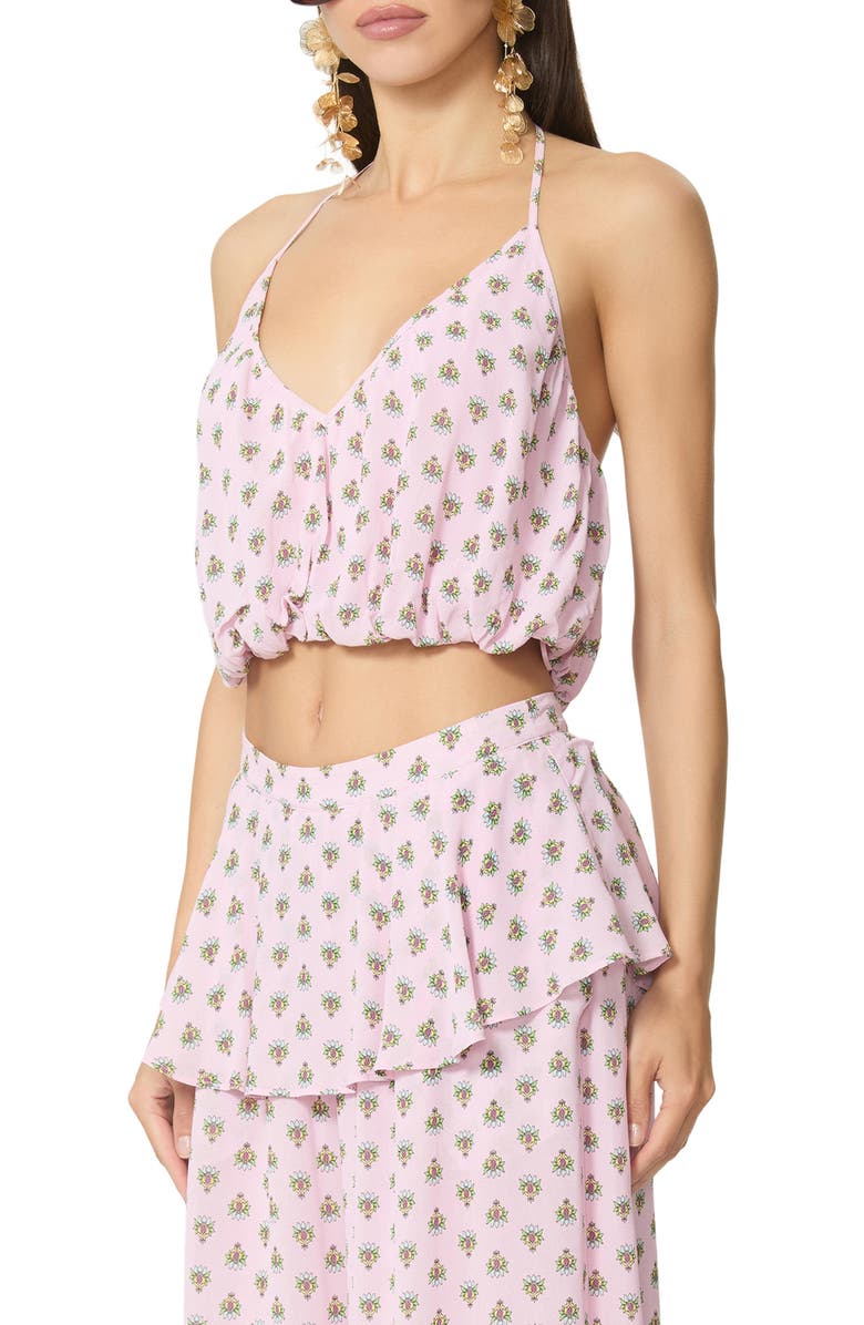 AFRM Ailee Micro Print Halter Bubble Hem Crop Top, Alternate, color, Crocus Foulard