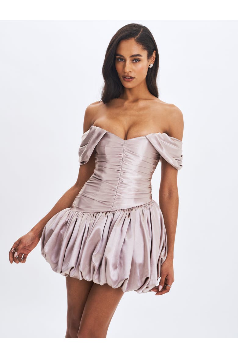 Milena Ruched Asymmetrical Bubble Mini Dress, Alternate, color, Champagne
