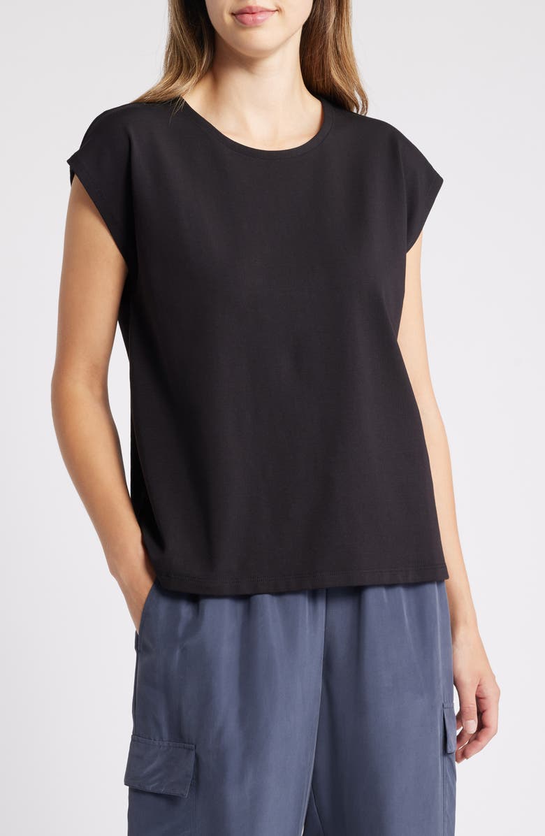 Eileen Fisher Cap Sleeve Stretch Organic Cotton Jersey Top, Main, color, 