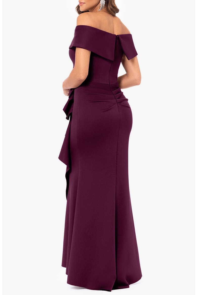 Off the Shoulder Ruffle Scuba Crepe Gown, Alternate, color, WINE