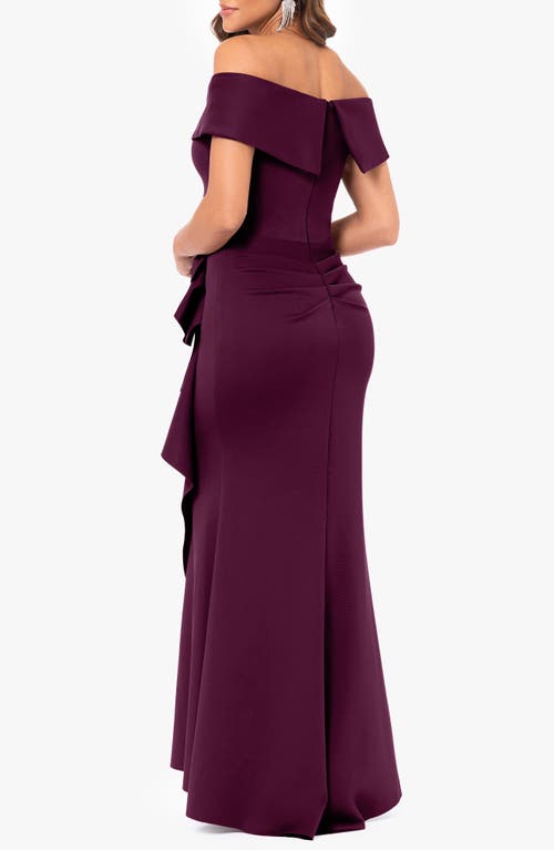Xscape Evenings Off The Shoulder Ruffle Scuba Crepe Gown In Burgundy