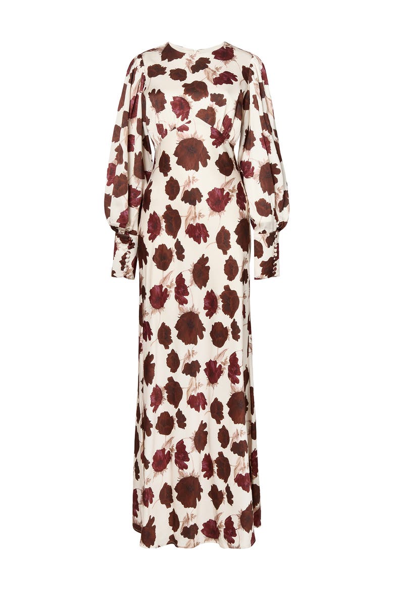 Alize Long Sleeved Satin Maxi Dress, Alternate, color, Wine Peony