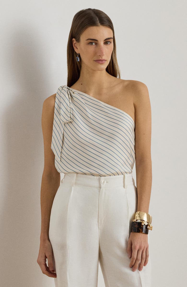 Lauren Ralph Lauren Stripe One-Shoulder Twill Top, Alternate, color, Cream/ Blue