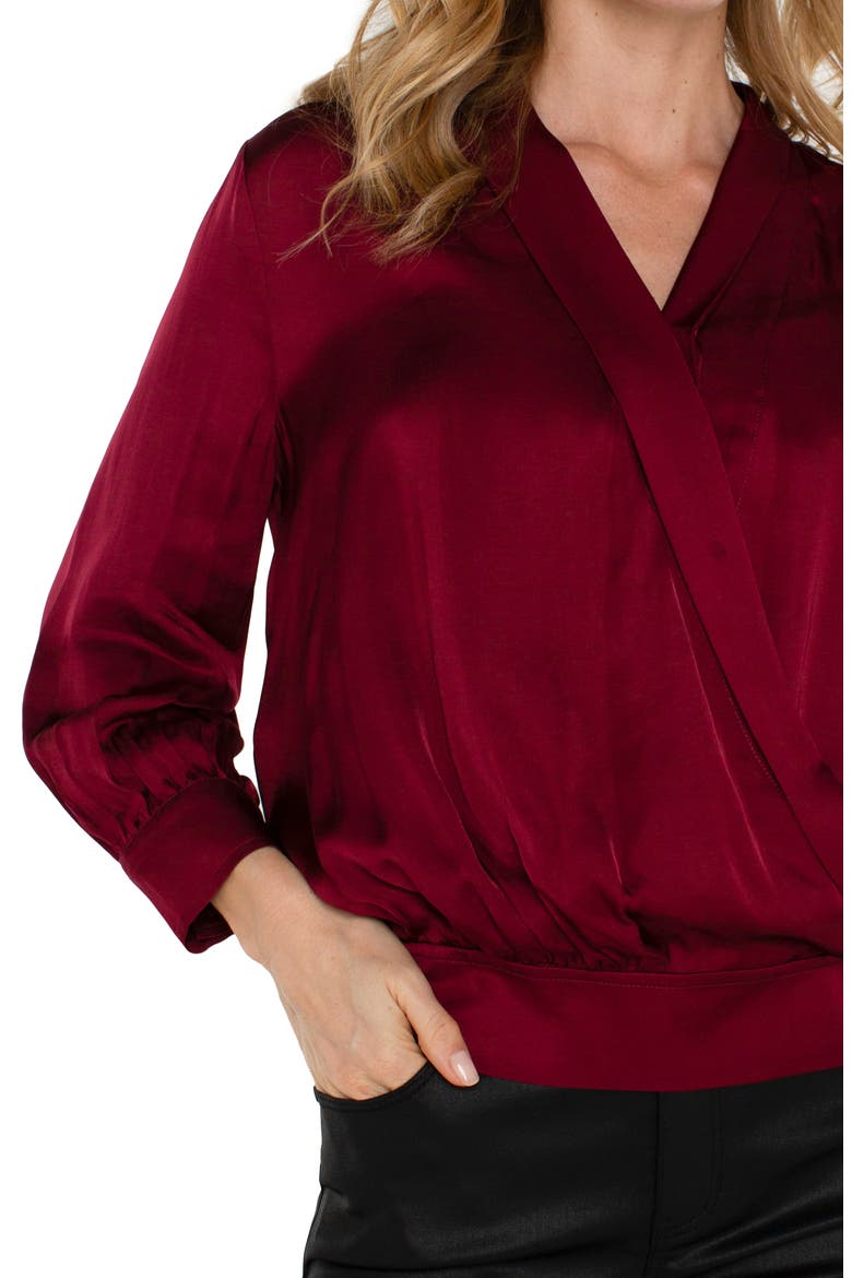 Faux Wrap Satin Top, Alternate, color, DARK PINOT NOIR