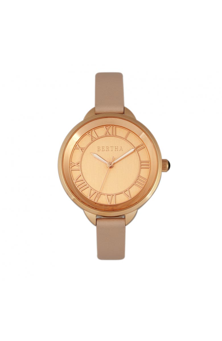 BERTHA Madison Sunray Dial Leather-Band Watch, Main, color, Light Pink/Rose Gold