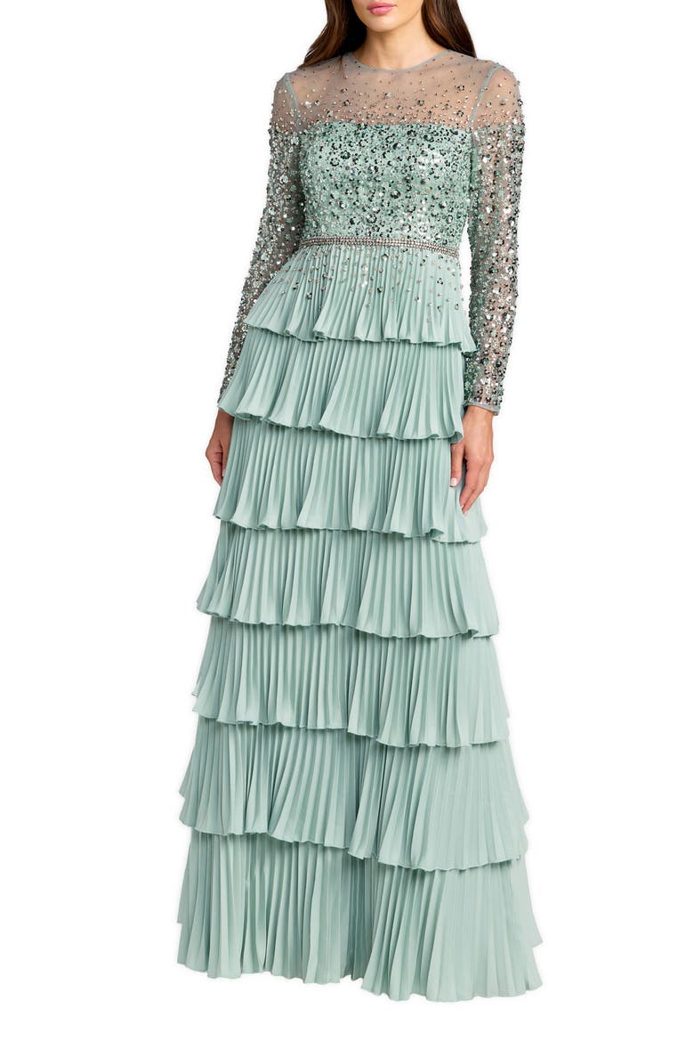 Crepe Ruffled Long Sleeve Evening Gown with Beaded Mesh Top, Main, color, Sage