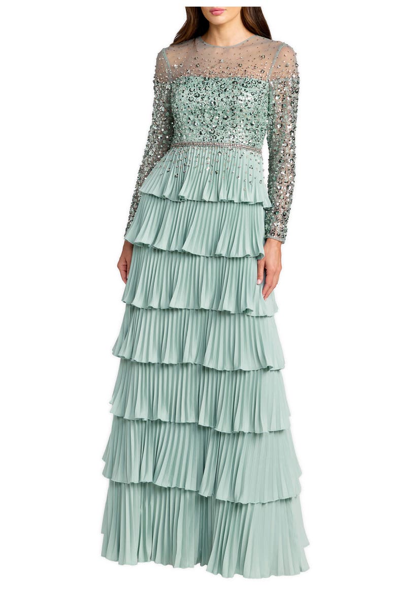 Mac Duggal Crepe Ruffled Long Sleeve Evening Gown with Beaded Mesh Top, Main, color, Sage