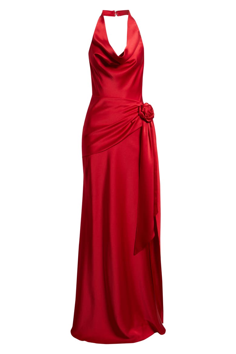 Rozalia Halter Open Back Satin Gown, Alternate, color, SORRENTO RED