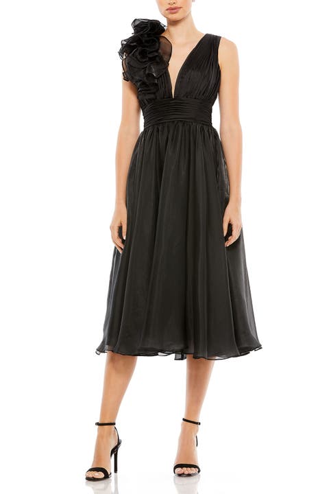 Chiffon A Line Plunging V Neck, Ruffled Rosette Bodice Dress
