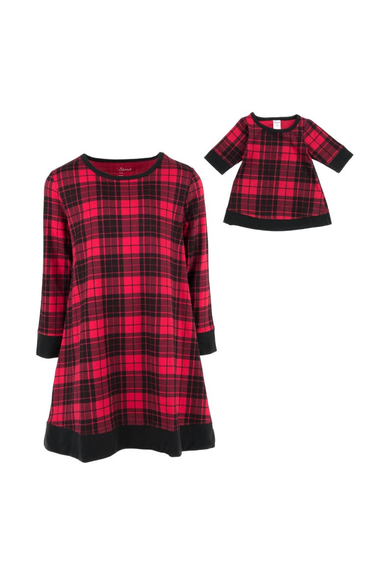 Girls Cotton Dress with Matching Doll Dress, Printed Design, Alternate, color, Plaid Black & Red