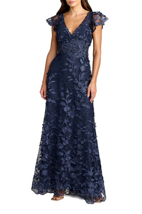 Embroidered Applique Wrap Over Flutter Sleeve Gown