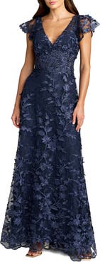 Mac Duggal Embroidered Applique Wrap Over Flutter Sleeve Gown
