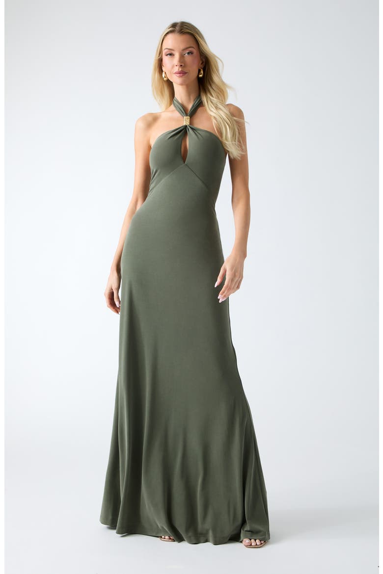 Soraya Halter Maxi Cocktail Dress, Alternate, color, DARK OLIVE