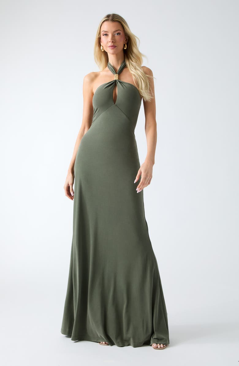Marciano Soraya Halter Maxi Cocktail Dress, Alternate, color, Dark Olive