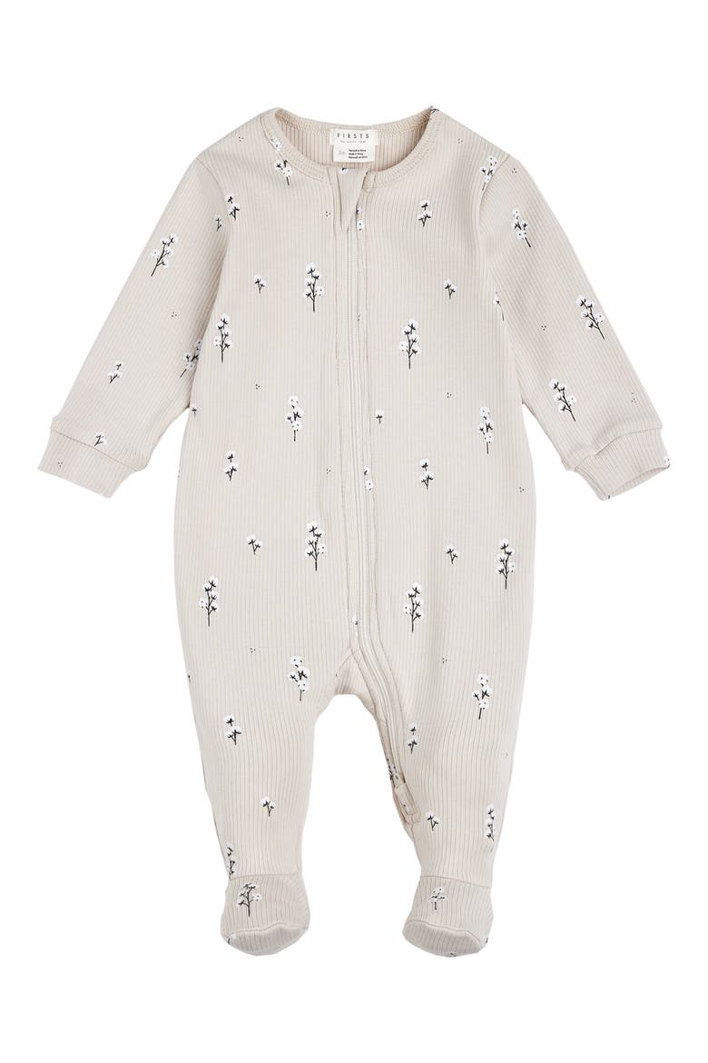 Floral Cotton Rib Footed One-Piece Pajamas, Main, color, BEIGE