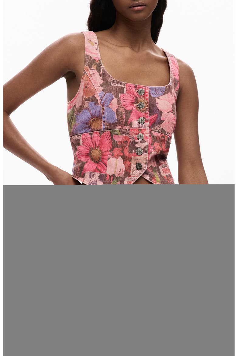 Floral Print Denim Crop Vest, Main, color, PINK