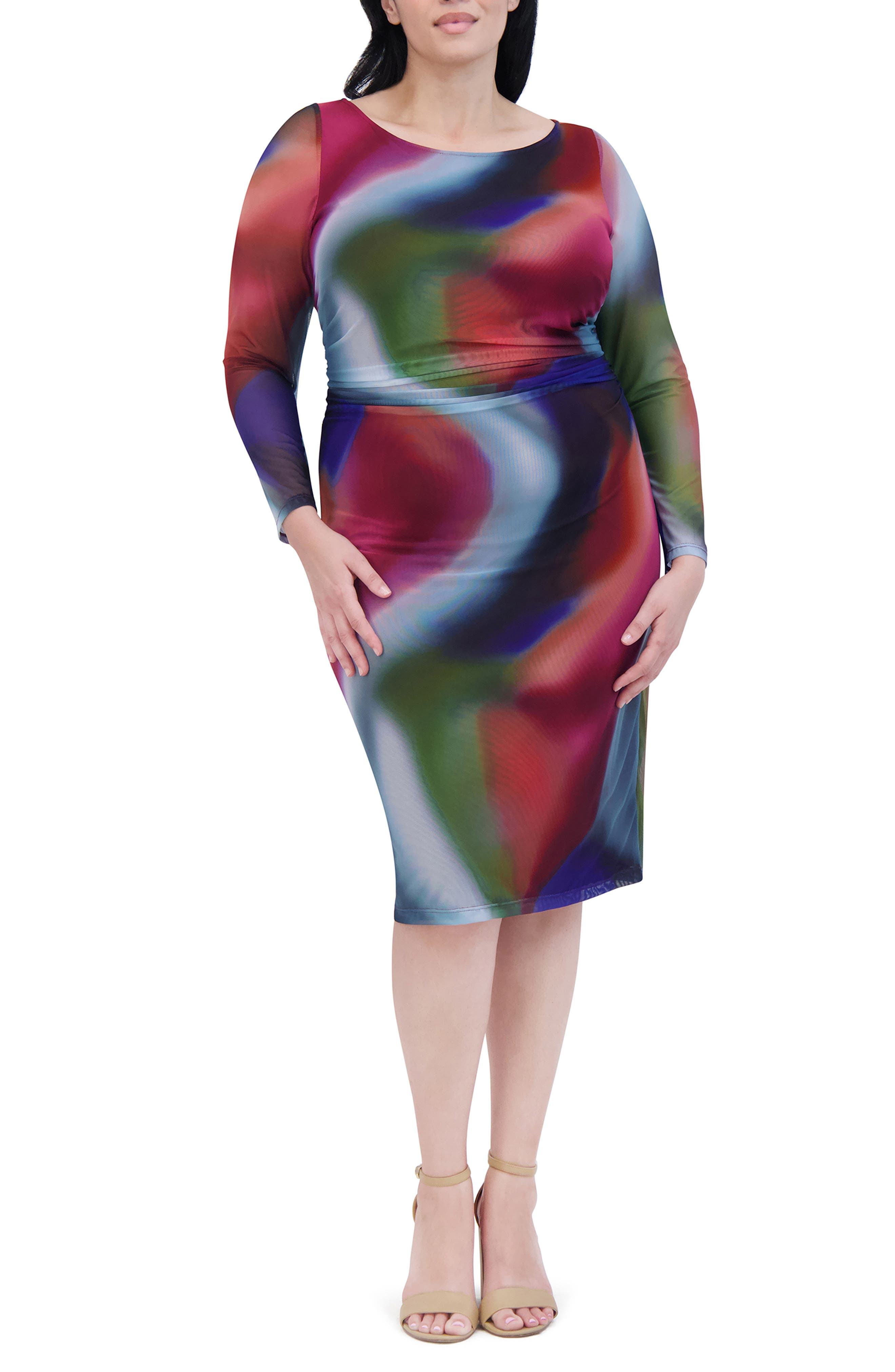 Vince Camuto Printed Mesh Long Sleeve Dress