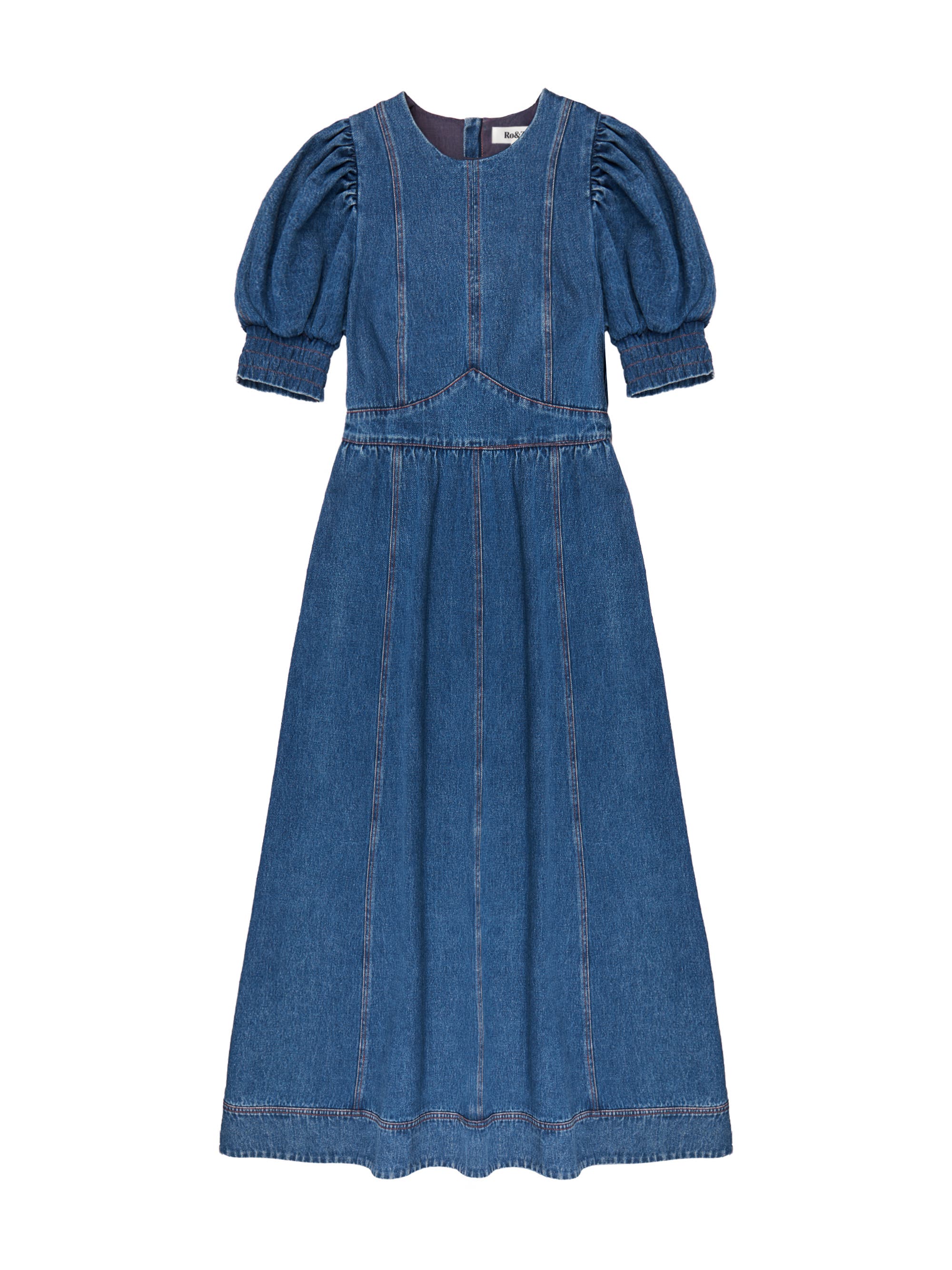 Denim Short Puff Sleeve Midi Dress - image 2