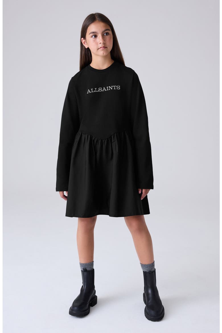 Kids' Long Sleeve Mixed Media Cotton T-Shirt Dress, Alternate, color, BLACK