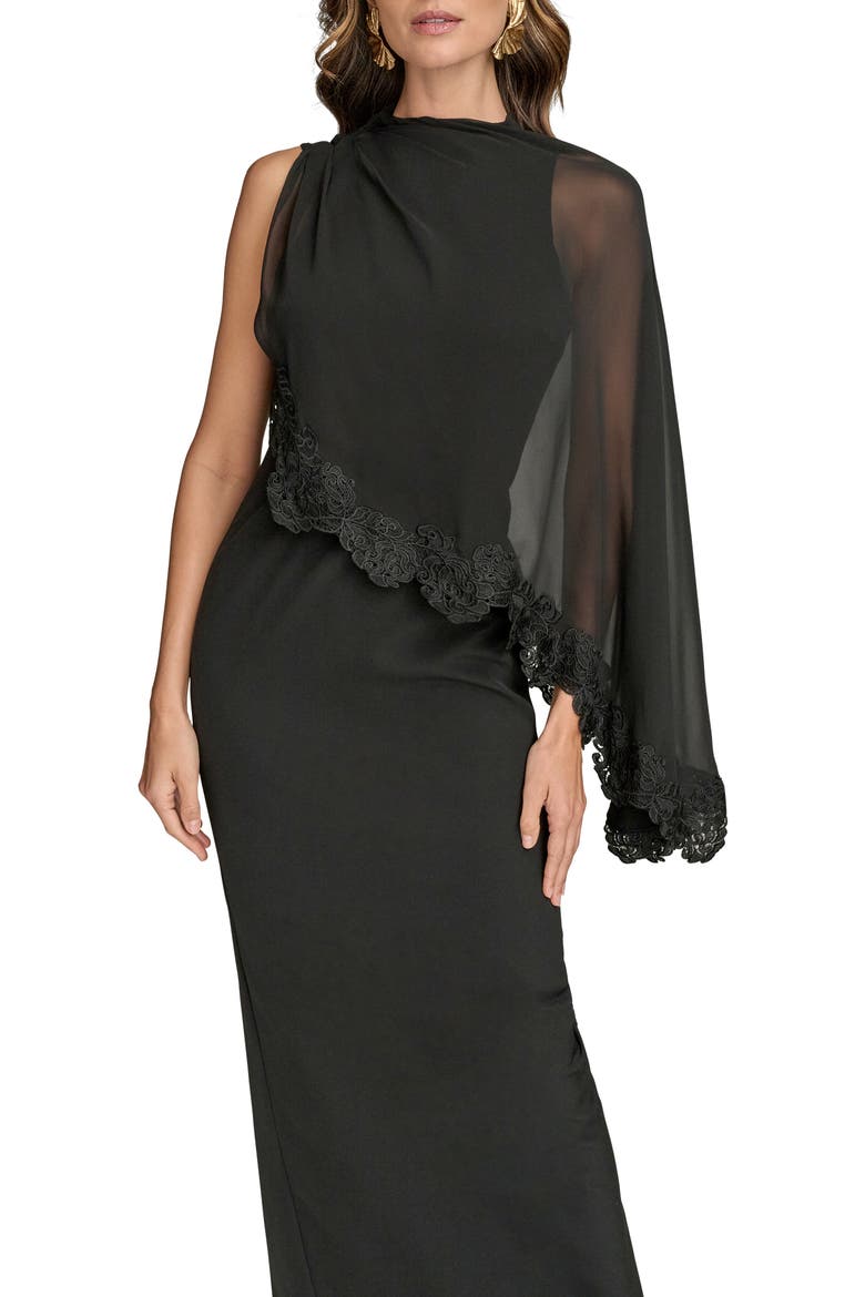 Lace Trim Chiffon Capelet Scuba Knit Cocktail Dress, Alternate, color, BLACK