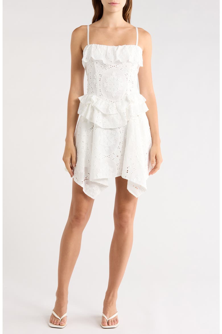 Ruffle Handkerchief Hem Cotton Broderie Anglaise Sundress, Main, color, WHITE