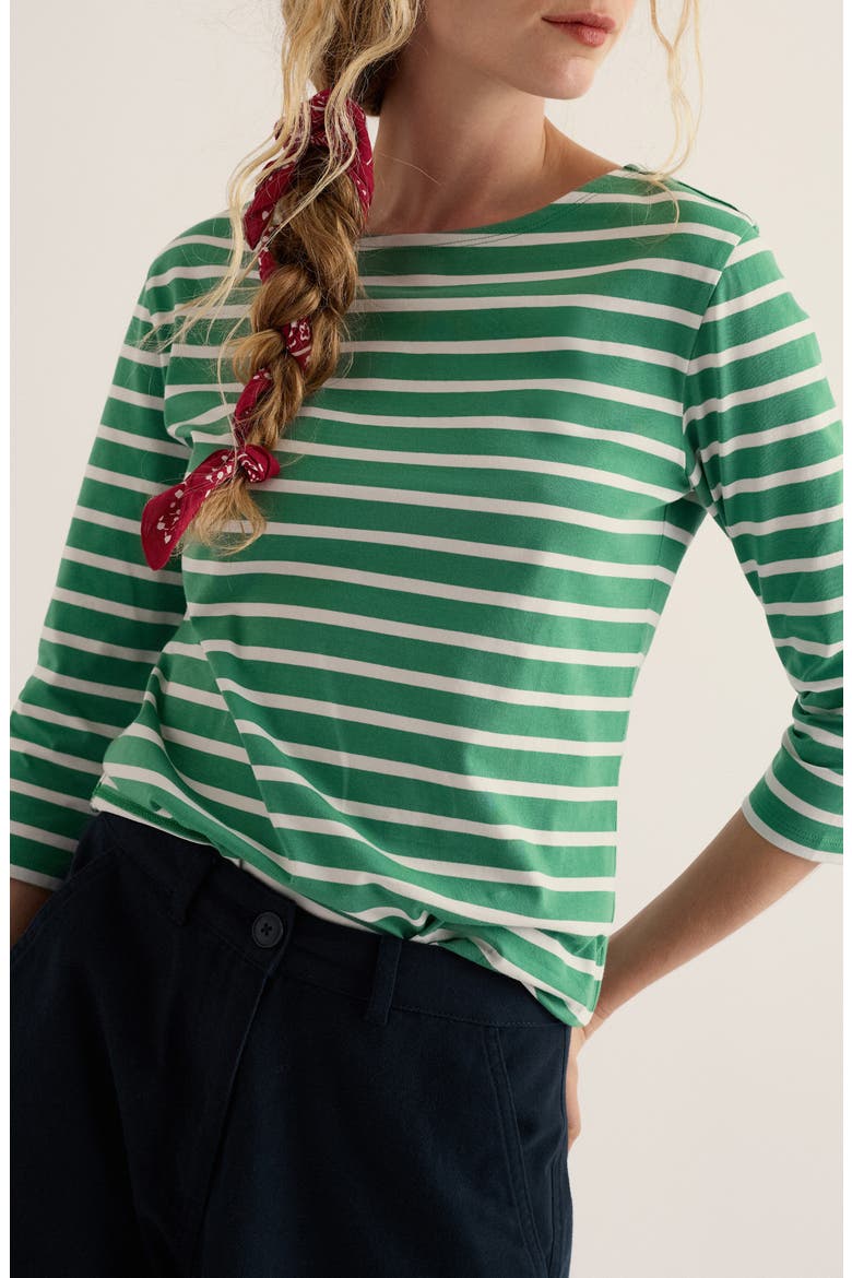Sailor Stripe Three Quarter Sleeve Organic Cotton T-Shirt, Main, color, BRETON PEA POD