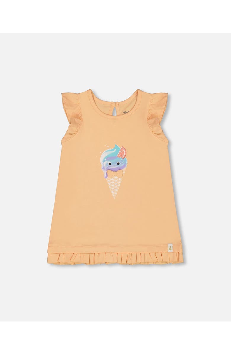Deux par Deux Little Girl's Organic Cotton Tunic With Frill And Print Light Orange And Ice Cream Cone, Main, color, Light Orange And Ice Cream
