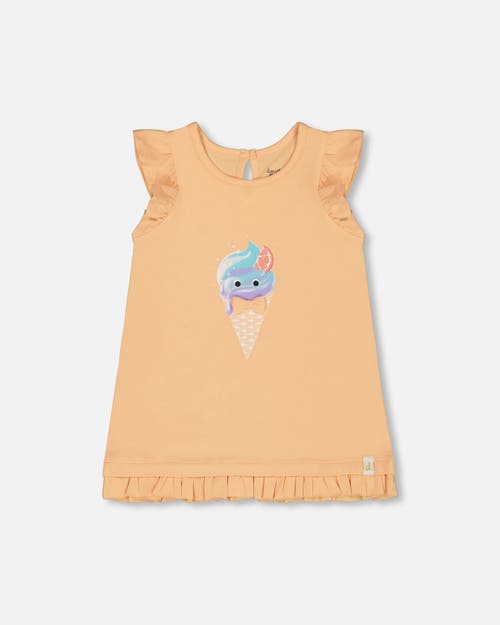 Deux Par Deux Girl's Organic Cotton Tunic With Frill And Print Light Orange And Ice Cream Cone In Light Orange And Ice Cream