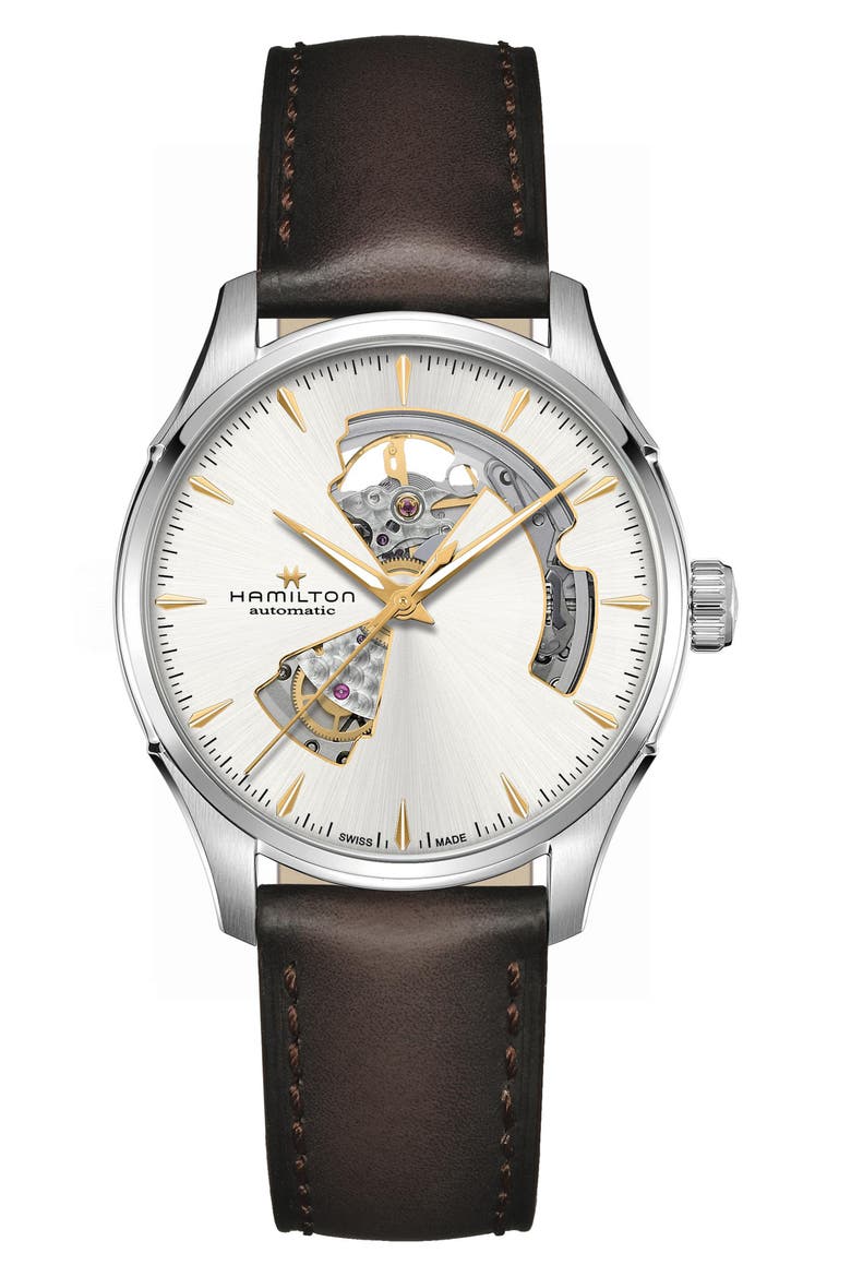 Jazzmaster Open Heart Automatic Leather Strap Watch, 40mm, Main, color, SILVER