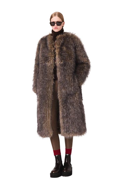 Maje Long Faux Fur Coat In Brown