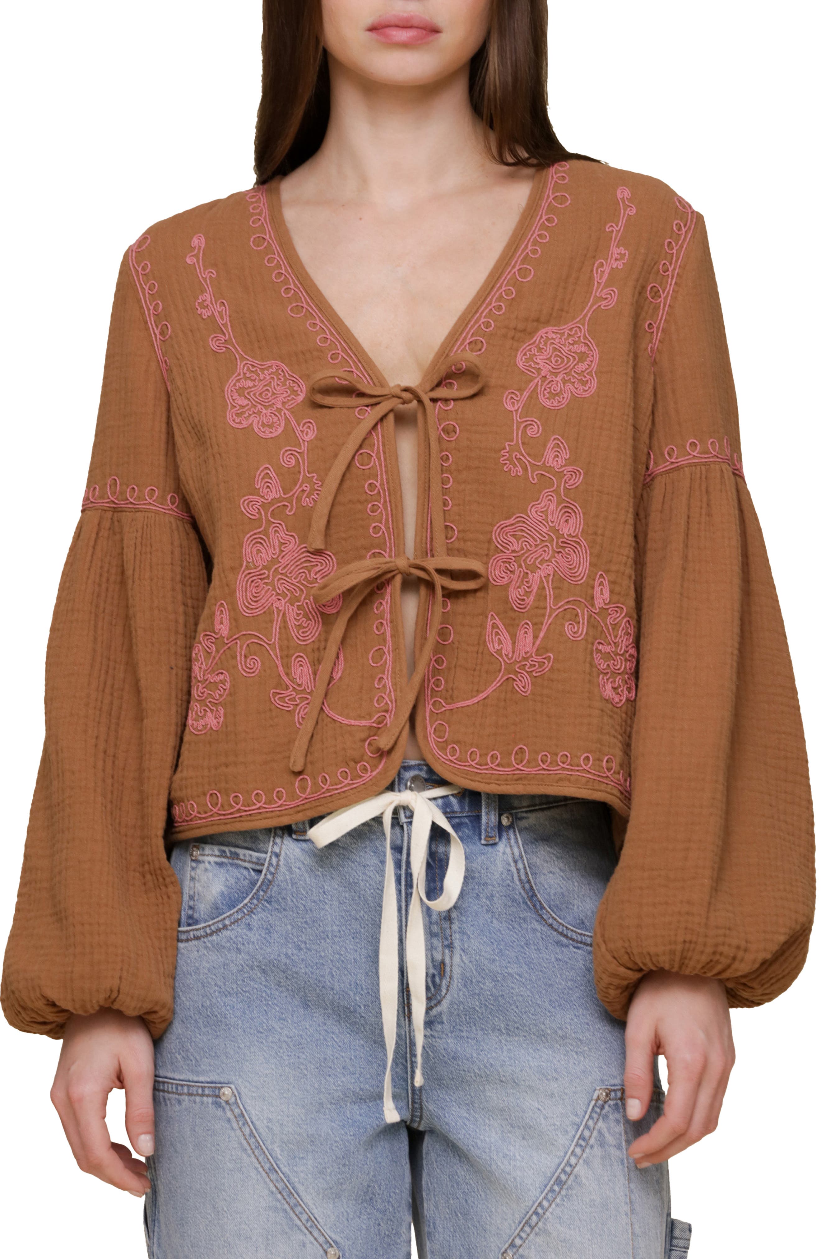 Avec Les Filles Embroidered Blouson Sleeve Jacket