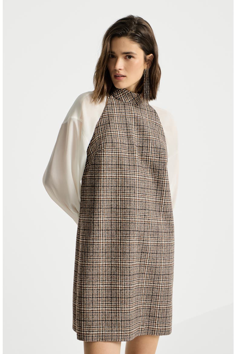 Checked alpaca and wool dress with monili, Alternate, color, Brown