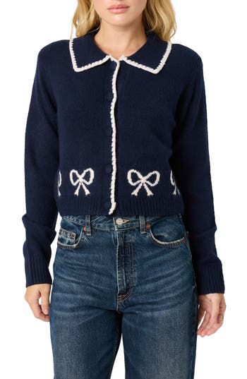 Lush Bows Collared Cardigan In Blue