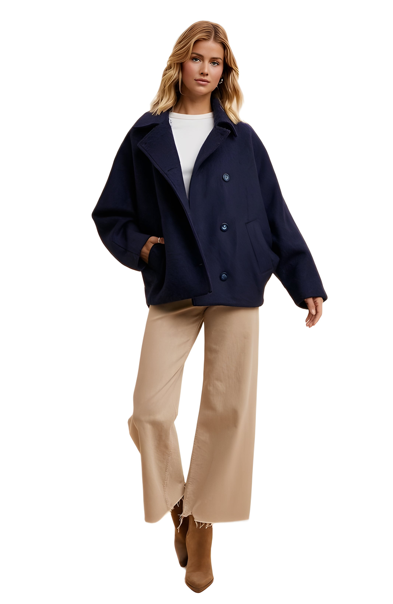 Knit and Lounge Cropped Wool-Blend Coat With Classic Collar And Buttons, Alternate, color, 