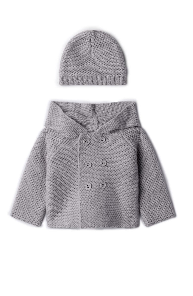 Lux Cozy Knit Button-Front Hooded Jacket and Matching Hat Set, Main, color, Dove Grey Mix