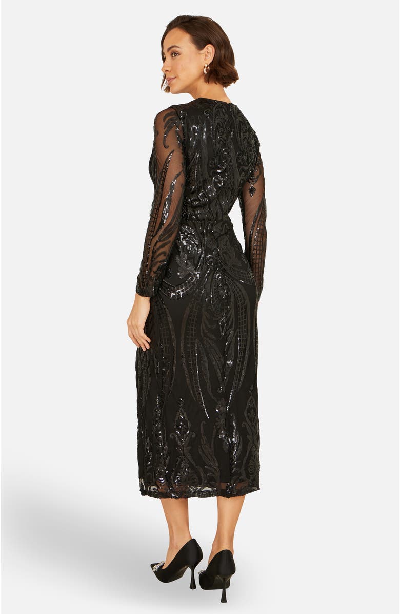Yumi Sequin Midi Long Sleeve Wrap Dress, Alternate, color, Black