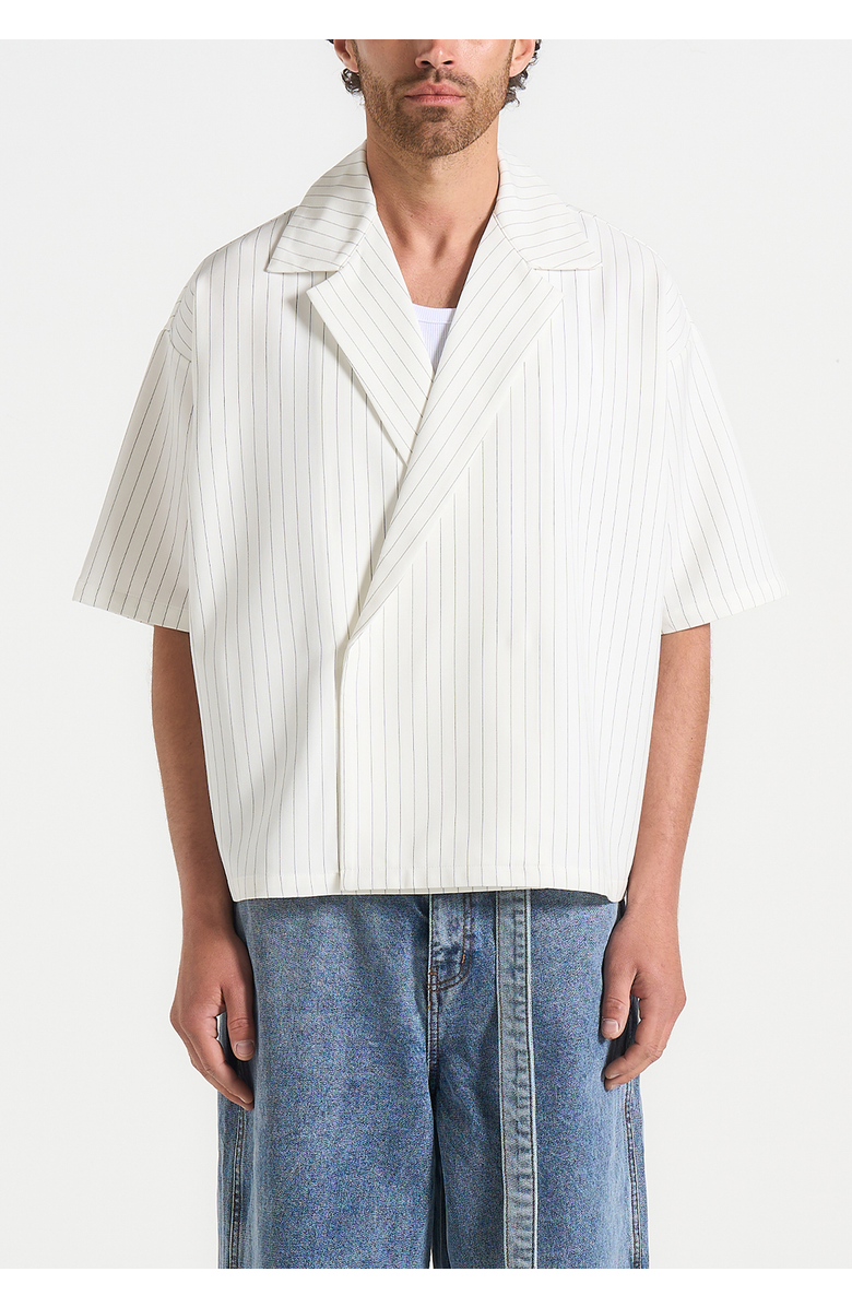 Manière De Voir Abel Boxy Pinstripe Double Breasted Shirt, Alternate, color, White